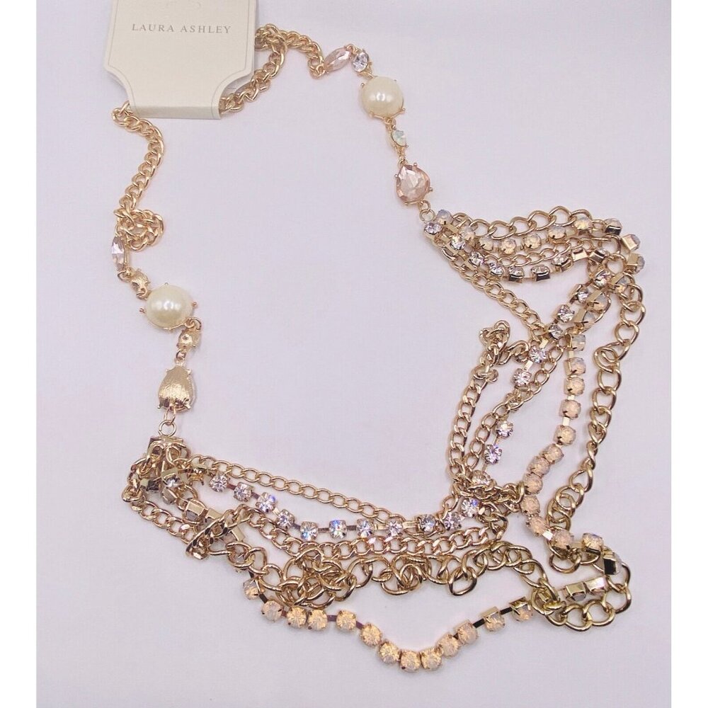 Laura Ashley Rhinestone Goldtone Multi Chain Chunky Necklace 30” New